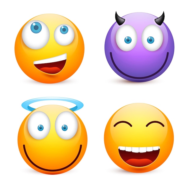 L'émoticône souriante est un visage jaune avec des émotions, une humeur, une expression faciale réaliste, un emoji triste, heureux, en colère.