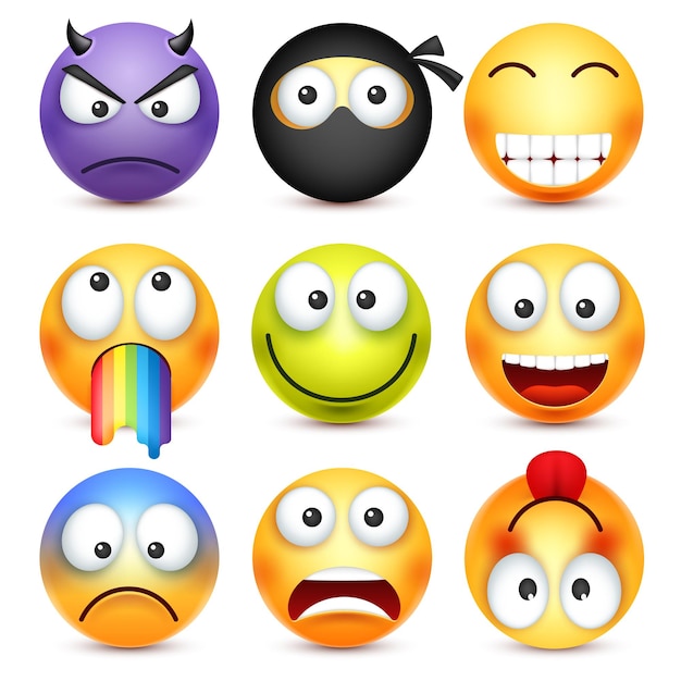 L'émoticône souriante est un visage jaune avec des émotions, une humeur, une expression faciale réaliste, un emoji triste, heureux, en colère.