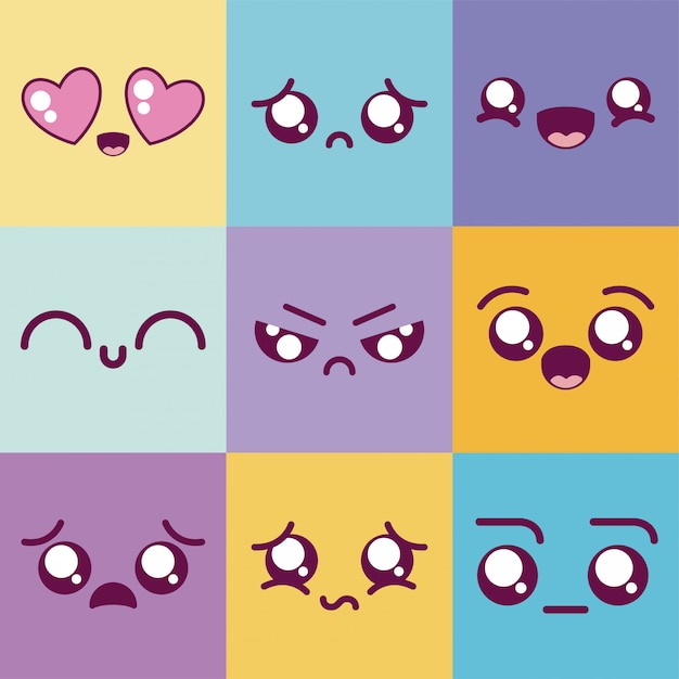 Vecteur Émoticônes multicolores de dessins animés kawaii set vector design