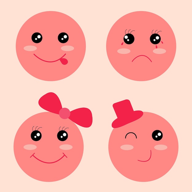 Vecteur Émoticônes de personnage de visage rose ensemble d'emoji kawaii drôle mignon
