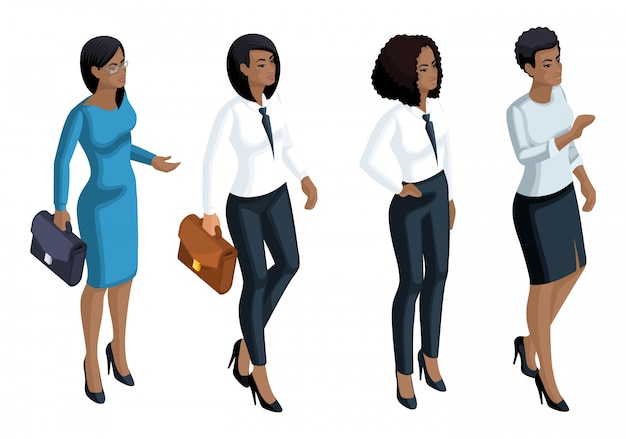 Vecteur Émotion d'icônes isométriques une femme afro-américaine, femme d'affaires, directeur général, avocat. expression du visage, maquillage. qualitatif pour les illustrations
