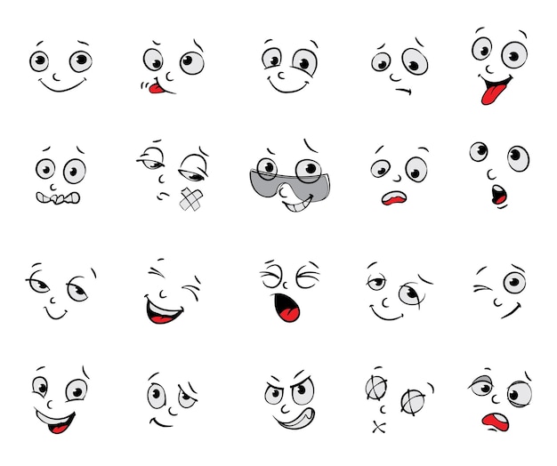 Émotions. Jeu D'expressions Faciales De Dessin Animé. (naturel, Calme, Rancunier, Joueur, Effrayé, Triste, Satisfait, Malade, Pensif, Joyeux, Pleurant, En Colère, Drôle, Amoureux, étonné, Riant). Vecteur