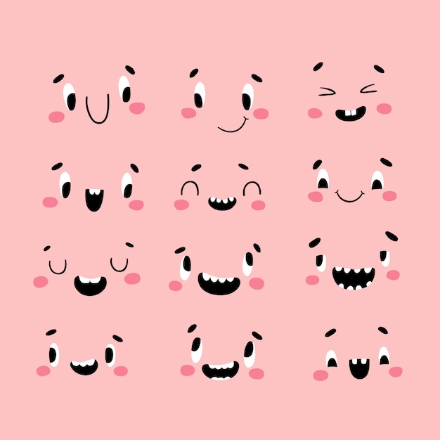 Émotions Positives. Visages De Dessin Animé Pour Votre Conception. Style Dessiné à La Main