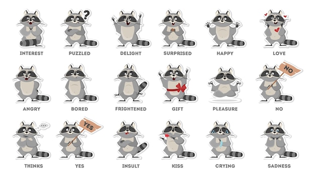 Émotions de raton laveur sur fond blanc Emoji drôle de bande dessinée