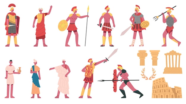 Empire Romain Antique. Personnages Romains Antiques, Empereur, Centurions, Soldats Et Ensemble D'illustrations Vectorielles De Dessins Animés De La Plèbe. Symbole De L'empire Romain. Personnage Romain Antique, Costume Masculin De L'empire