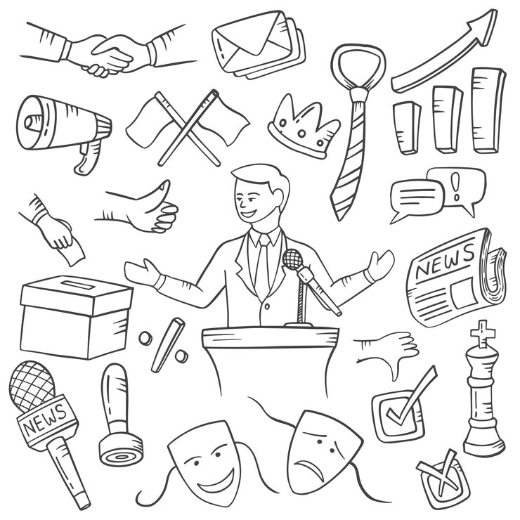 Emplois de politiciens ou professions doodle ensemble de collections dessinées à la main avec un style de contour noir et blanc