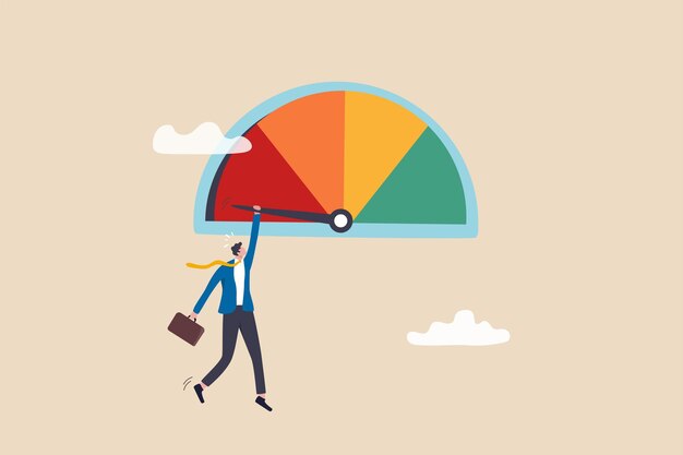 Employé aux performances médiocres, mauvaise évaluation de la note, pointage de crédit, évaluation, examen des performances, travailleur en échec ou concept de pointage de crédit, l'homme d'affaires frustré par la sueur tient fermement la jauge de performance.