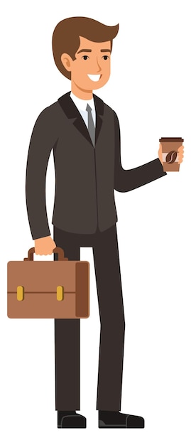 Vecteur employé de bureau aller travailler avec une tasse de café heureux homme d'affaires matin isolé sur fond blanc