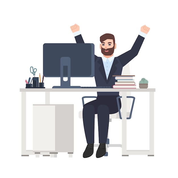 Employé de bureau masculin ou commis assis au bureau et se réjouissant.