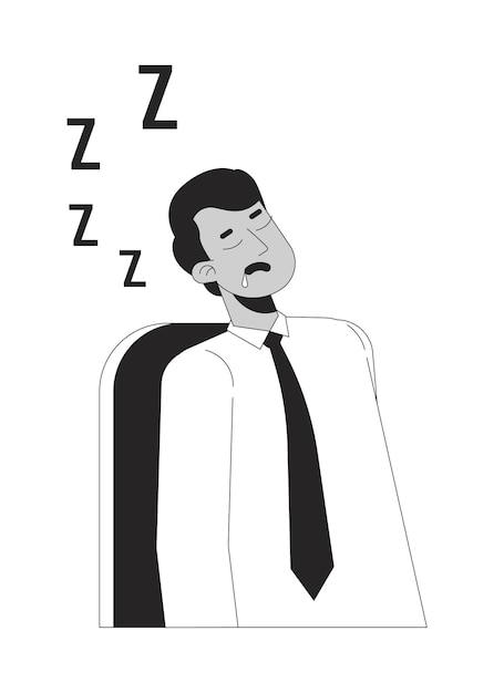 Vecteur employé endormi mâle indien personnage de dessin animé de ligne 2d noir et blanc