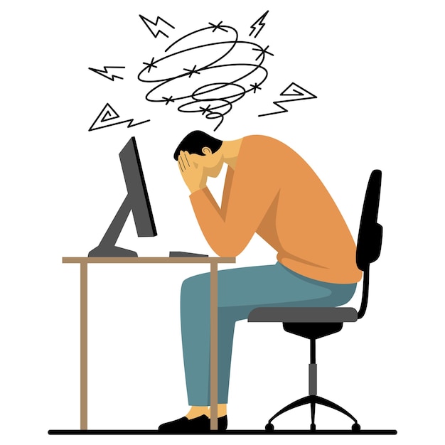 Employé stressé au bureau avec un ordinateur montrant des signes d'anxiété et d'épuisement