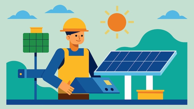 Vecteur un employé d'usine utilise une source d'énergie renouvelable telle que des panneaux solaires pour alimenter la ligne de production