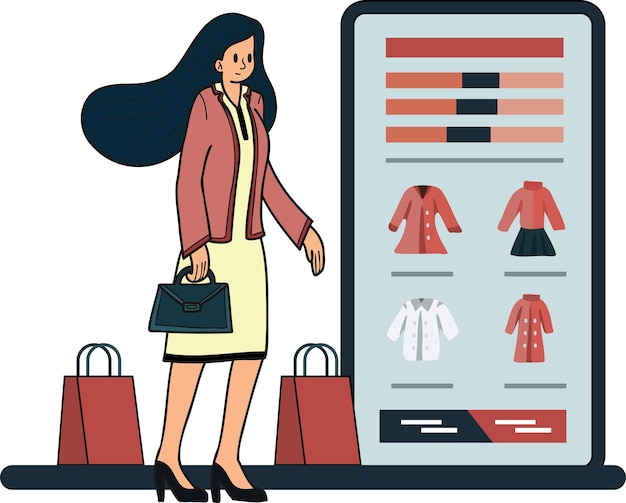 Employée de bureau faisant des achats en ligne à partir d'une illustration de smartphone dans un style doodle