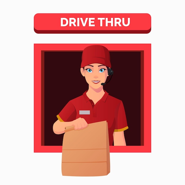 Vecteur employée d'un restaurant de restauration rapide femme servant une commande à une fenêtre drive thru cartoon drive thru service