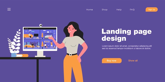 Employée Des Services De Sécurité Montrant Un écran Avec Des Images De Vidéosurveillance. Vidéos De Personnes à La Maison Et à L'extérieur Sur L'illustration Vectorielle Plane Du Moniteur. Surveillance, Concept De Protection Pour Bannière, Conception De Site Web