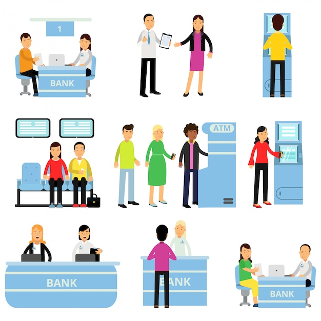 Employés de banque et clients dans différentes situations. Le consultant conseille le client, les gens assis dans la file d'attente, l'homme reçoit de l'argent au guichet automatique. Design plat