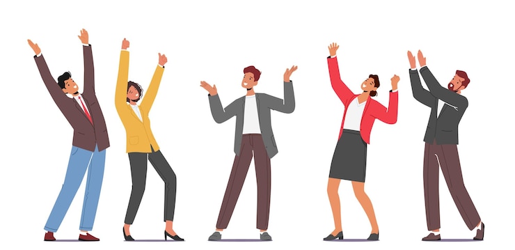 Vecteur les employés de bureau de collègues heureux se réjouissent avec les bras levés les personnages masculins féminins ressentent des émotions positives célèbrent