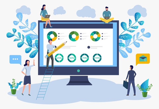 Vecteur les employés de bureau étudient l'analyse infographique de l'illustration vectorielle à l'échelle de la croissance de l'entreprise données analytiques illustration vectorielle d'une entreprise