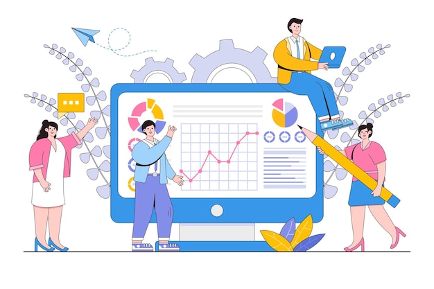 Les employés de bureau étudient l'infographie l'analyse de l'échelle évolutive Illustration vectorielle des graphiques d'entreprise apprentissage et éducation à distance