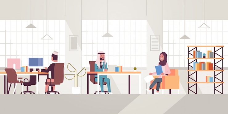 Vecteur employés du personnel d'entreprise travaillant dans un espace de travail collaboratif créatif ic collègues d'affaires assis sur le lieu de travail et discutant d'un nouveau projet intérieur de bureau moderne pleine longueur horizontale