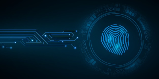 Empreinte digitale de haute technologie pour la sécurité du système informatique avec des éléments d'interface HUD. Cherchez un cadenas. Circuit imprimé d'ordinateur. Cercle cyber bleu abstrait.
