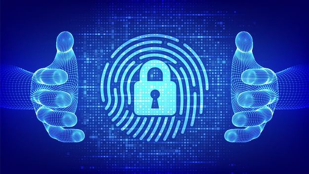 Empreinte digitale avec icône de cadenas faite avec un code binaire dans des mains de wireframe Protection des données personnelles
