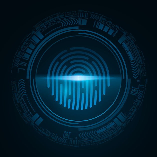 Empreinte digitale pour la sécurité du système informatique avec analyse au néon. Bouton de cadenas bleu futuriste avec interface HUD. Balayage laser pour appareil à écran tactile.
