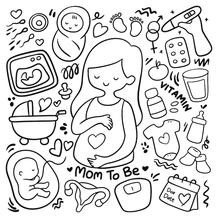 Vecteur enceinte doodle set maman avec illustration vectorielle d'équipement connexe nouveau-né