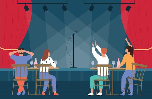Encourager les gens à revenir à la composition plate quatre personnes dans la salle s'asseoir à des tables et attendre que la personne réalise l'illustration vectorielle
