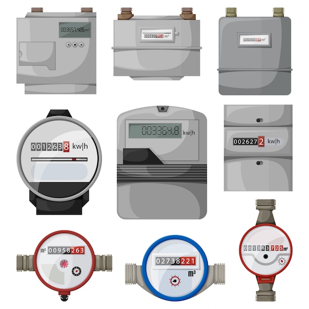 L'énergie électrique, le gaz, l'icône de jeu de dessin animé de compteur d'eau. compteur d'illustration sur fond blanc. Jeu de dessin animé isolé icône énergie électrique, gaz, compteur d'eau.