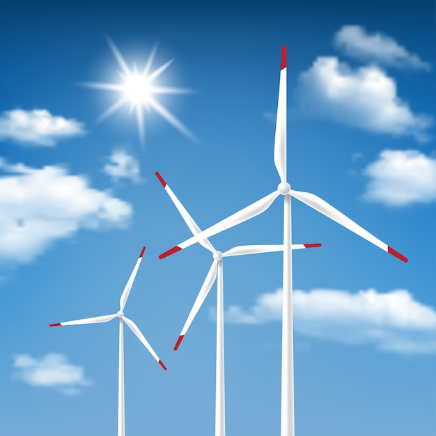 Énergie éolienne - éoliennes avec fond de ciel bleu ensoleillé Cloudscape