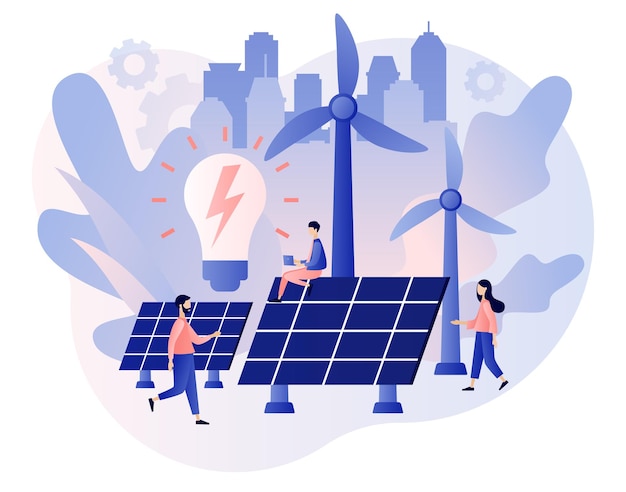Énergie renouvelable Petites personnes sur Centrale électrique avec panneaux solaires et éoliennes Concept d'énergie verte