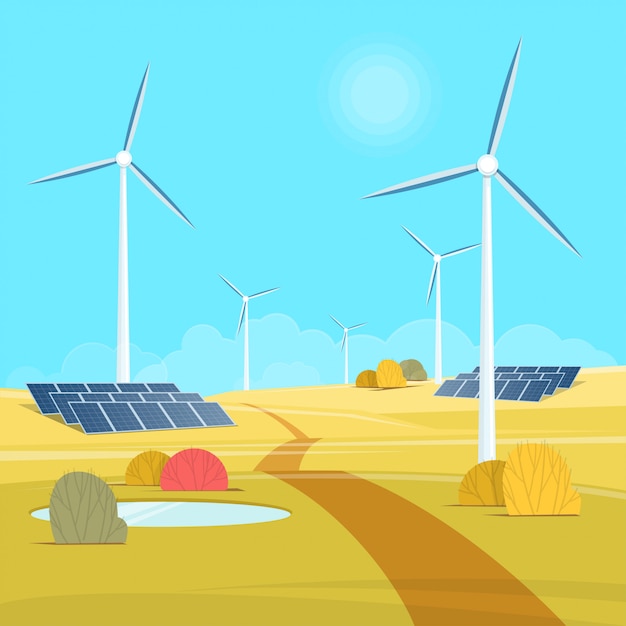 Énergie Verte. Paysage Avec Tribune éolienne Et Batterie Solaire. Illustration