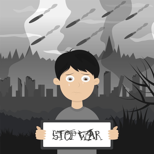 Vecteur un enfant avec une affiche arrête la guerre. illustration vectorielle