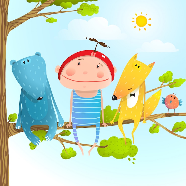 Vecteur enfant animal amis enfance assis branche d'arbre dans le ciel
