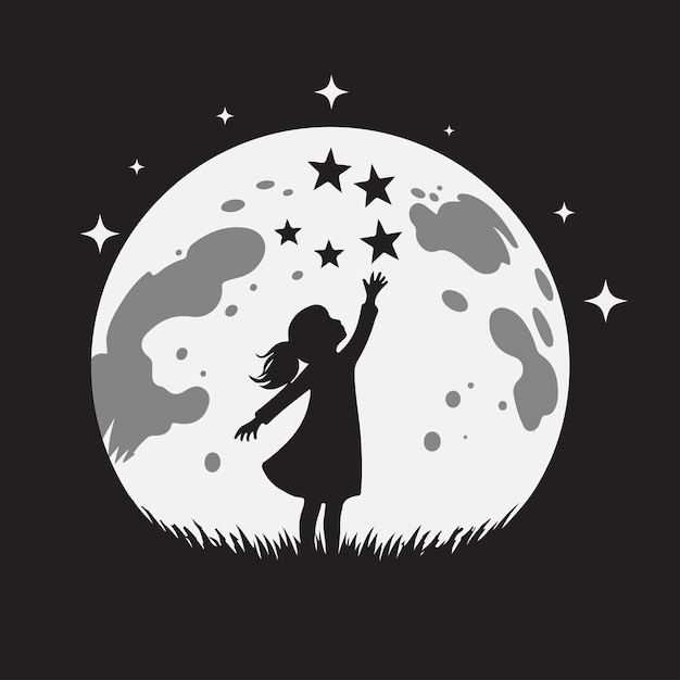 L'enfant atteignant les étoiles silhouette contre la lune