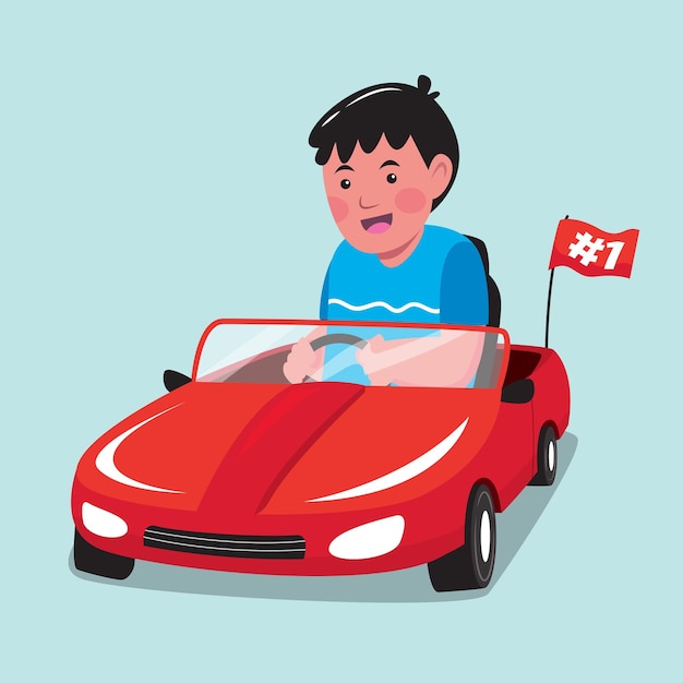 Enfant Conduisant Une Voiture Rouge