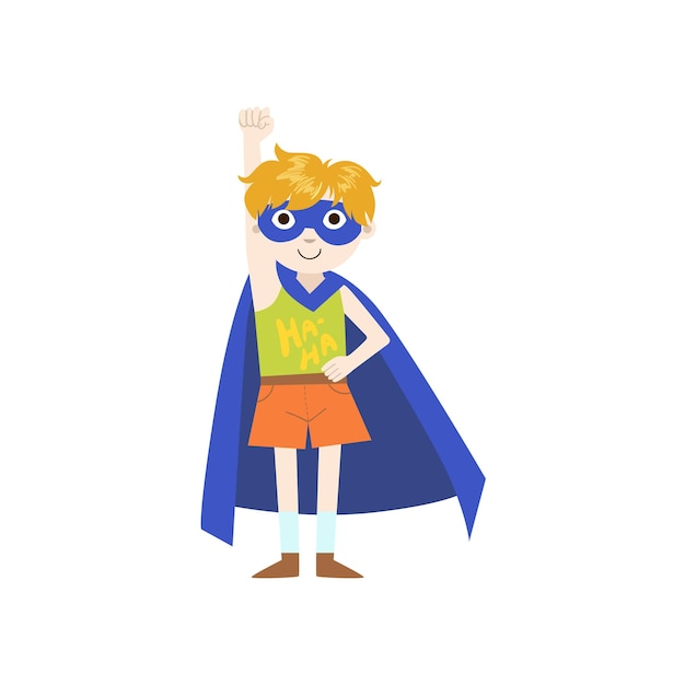 Enfant En Costume De Super-héros Avec Cape Bleue