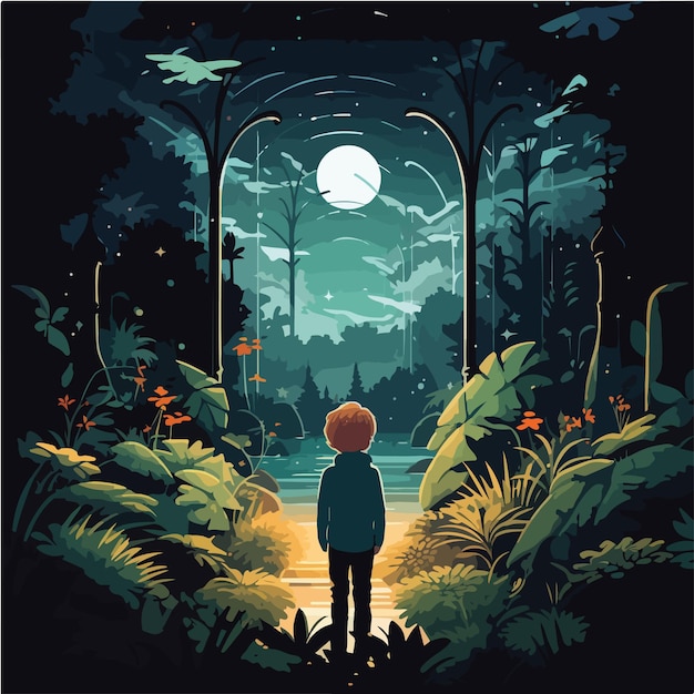 Un enfant dans la jungle pendant la nuit