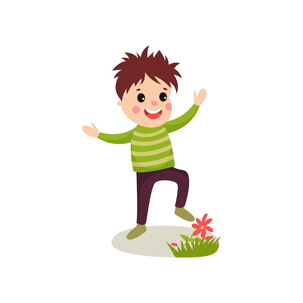 Enfant intimidateur jouant sur une pelouse verte et marchant sur des fleurs. Personnage de dessin animé de vilain garçon avec un mauvais comportement. Personne agitée. Illustration vectorielle enfantine dans un style plat isolé sur fond blanc.