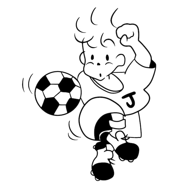 Vecteur enfant jouant au football dessin animé griffonnage kawaii anime coloriage mignon illustration dessin personnage