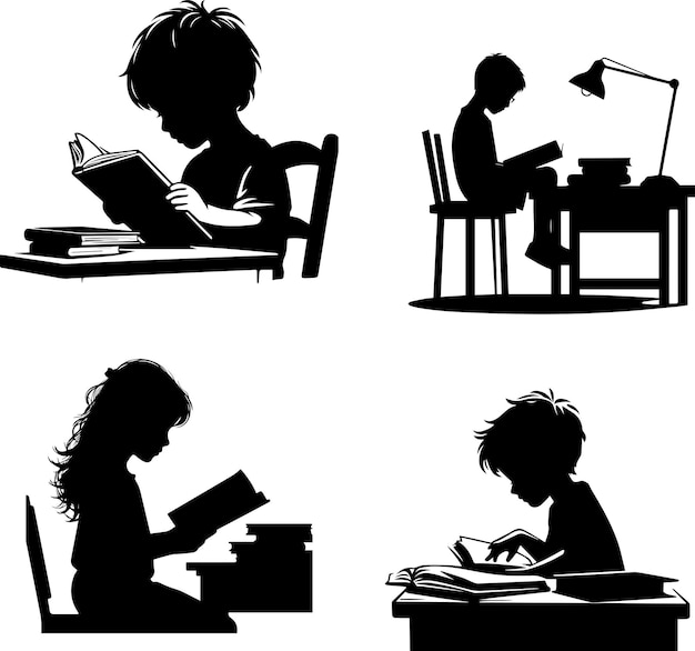 Un Enfant Lisant Un Livre Silhouette Vectorielle 5