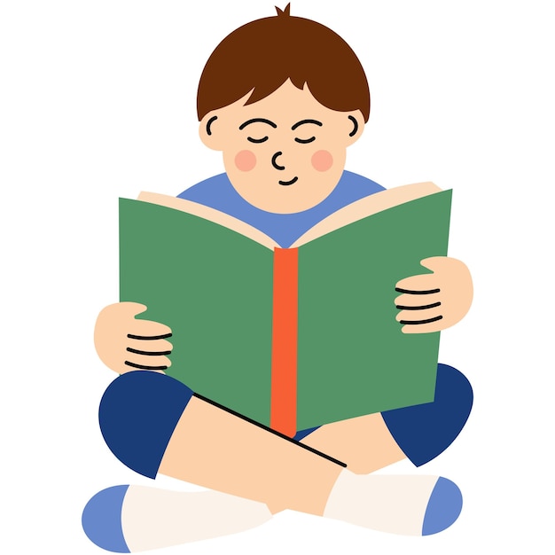 Enfant lisant un livre tout en étant assis les jambes croisées Jeune garçon assis les pieds croisés et lisant un grand bo