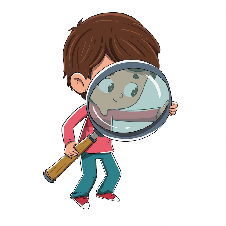 Vecteur enfant avec une loupe cherche quelque chose
