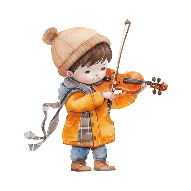 Vecteur un enfant mignon jouant du violon illustration vectorielle en aquarelle