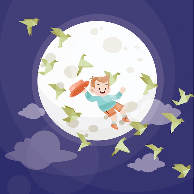 Enfant Mignon Jouer Avec Les étoiles Et La Pleine Lune