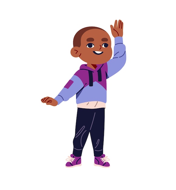 Enfant mignon avec strabisme accueillant agitant la main Enfant noir heureux avec une vision croisée salut Petit garçon handicapé avec une maladie de la vue Illustration vectorielle isolée plate sur fond blanc