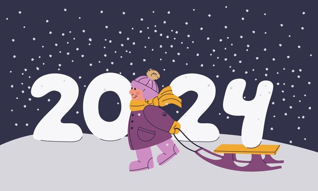 Un Enfant Mignon Traîne Les Figures De Neige De 2024 Illustration De Noël Et Du Nouvel An Pour La Conception De Cartes Bannières Autocollants Dessin Animé Vectoriel Illustration Isolée