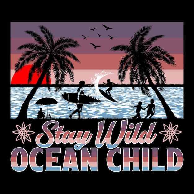 Vecteur enfant de l'océan sauvage surf sur la plage sunset été sublimation t-shirt design