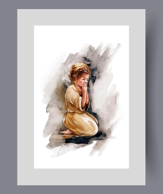 Un enfant en prière s'agenouille et demande à Dieu le pardon de ses péchés sur une œuvre d'art à l'aquarelle imprimée
